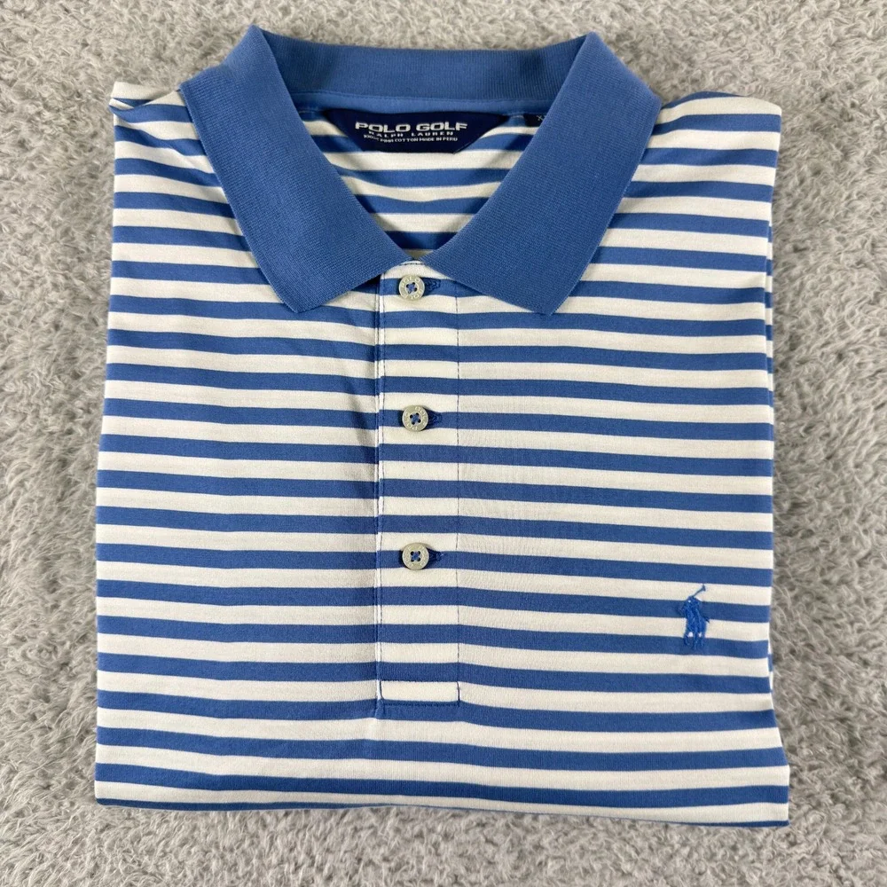 Polo Golf Ralph Lauren Mens XL‎ Blue White Striped Pima Cotton Seminole Golf